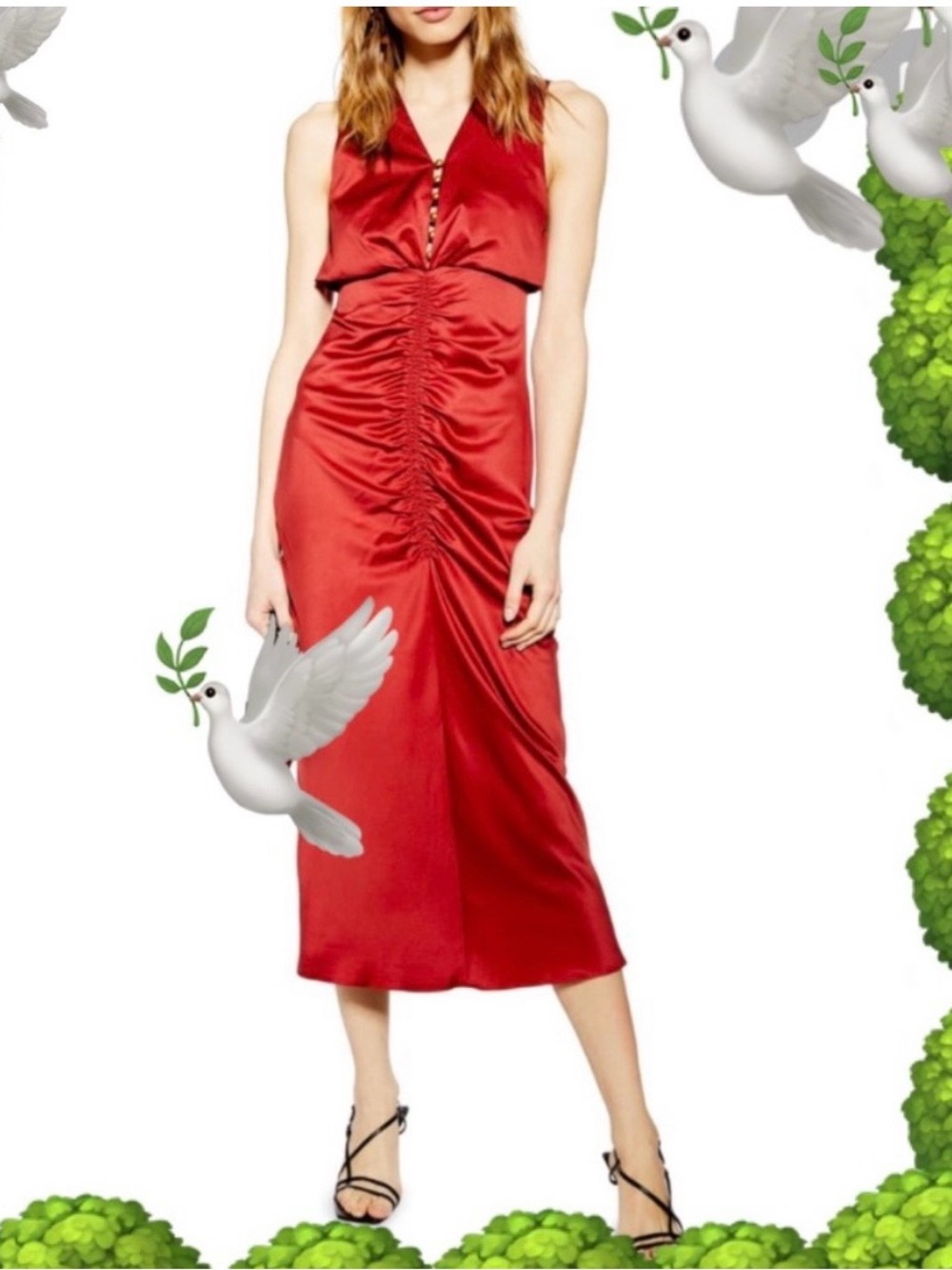 Topshop Red Satin Ruched V-Neck Midi Dress
